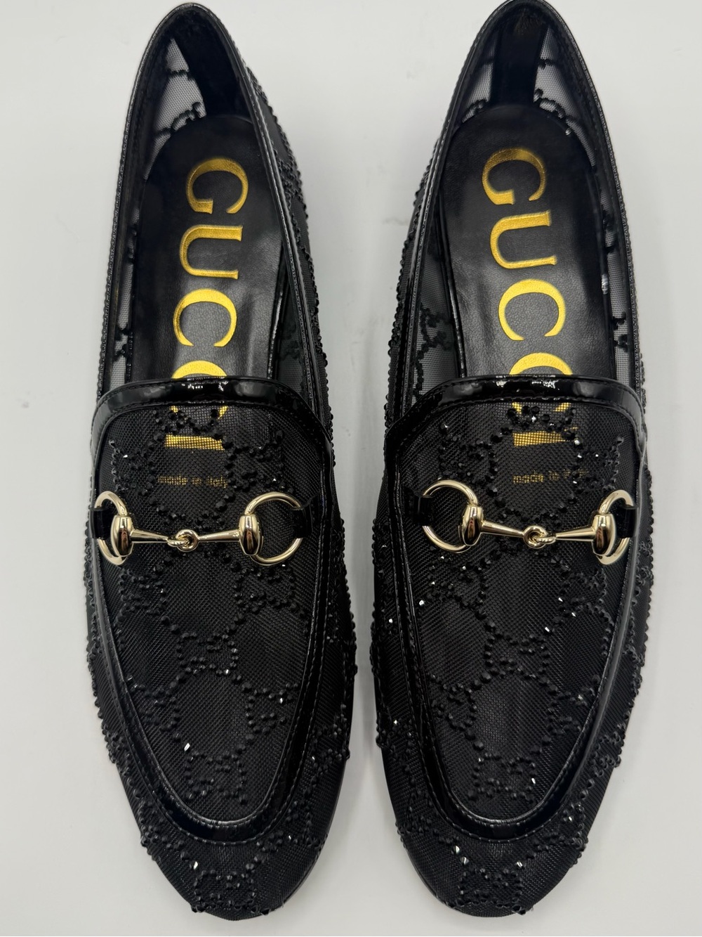 NIB Gucci GG Monogram Logo Crystal Rhinestone Jordaan See Through Mesh Loafers
